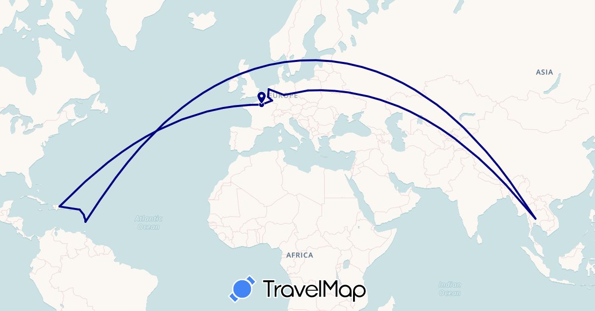 TravelMap itinerary: driving in Belgium, Germany, Dominica, Dominican Republic, France, Saint Lucia, Luxembourg, Netherlands, Poland, Thailand (Asia, Europe, North America)
