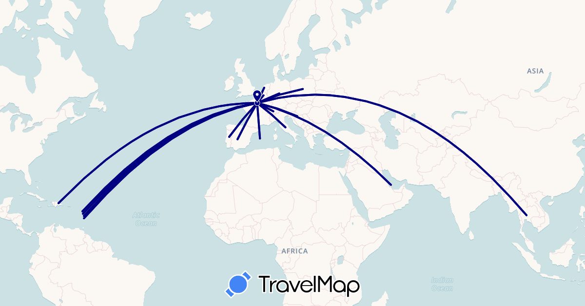 TravelMap itinerary: driving in Belgium, Switzerland, Germany, Dominica, Dominican Republic, Spain, France, Croatia, Italy, Saint Lucia, Luxembourg, Netherlands, Poland, Portugal, Qatar, Thailand (Asia, Europe, North America)